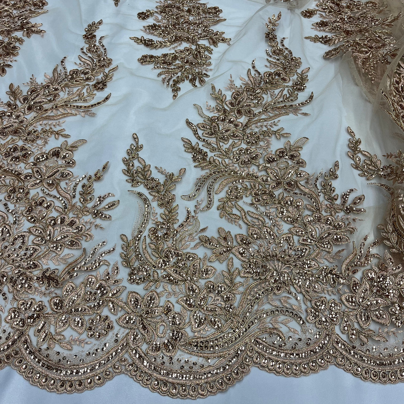 Beaded & Corded Bridal Lace Fabric Embroidered on 100% Polyester Net Mesh | Lace USA