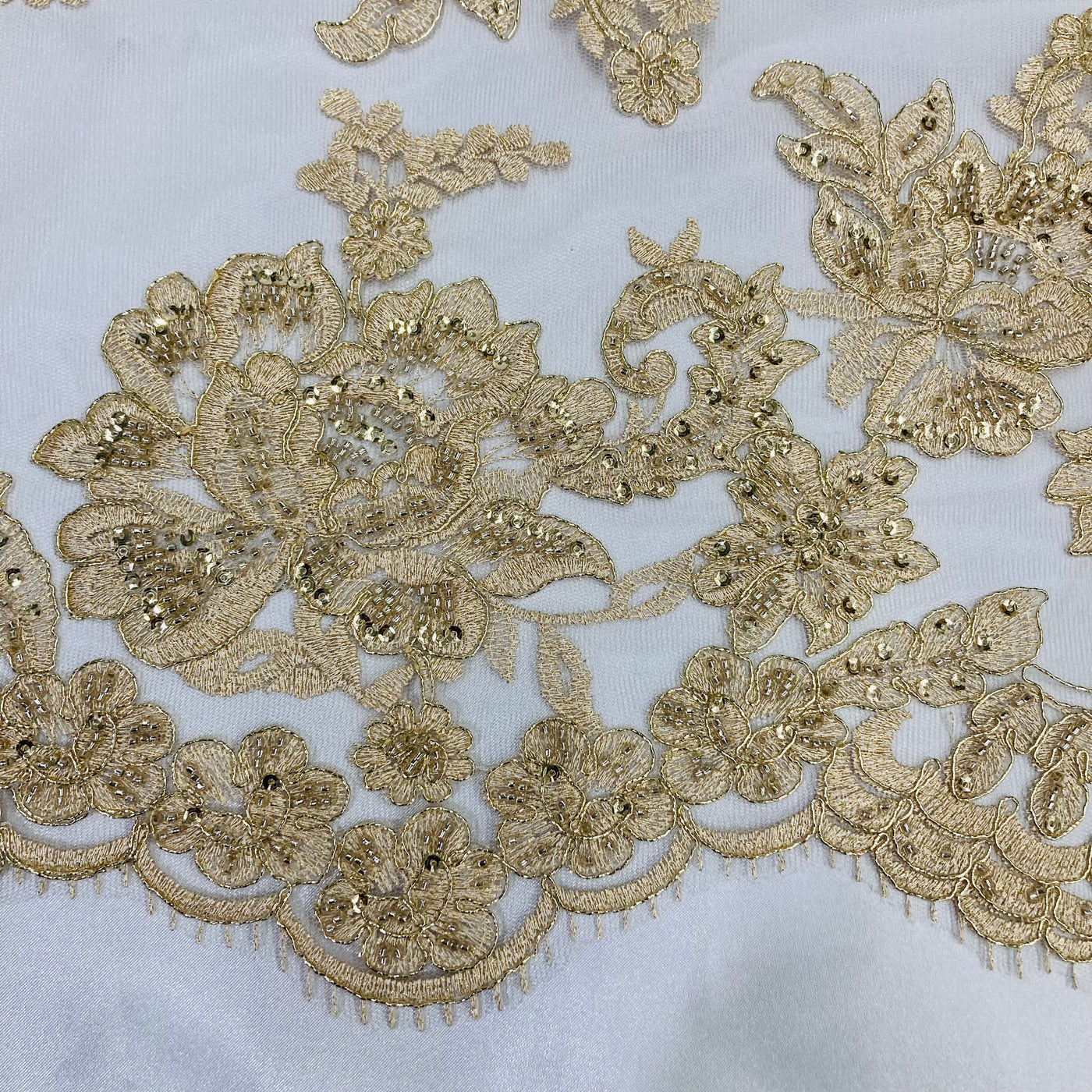 Double Sided Beaded Floral Lace Trimming Corded Embroidered on 100% Poly. Net Mesh | Lace USA