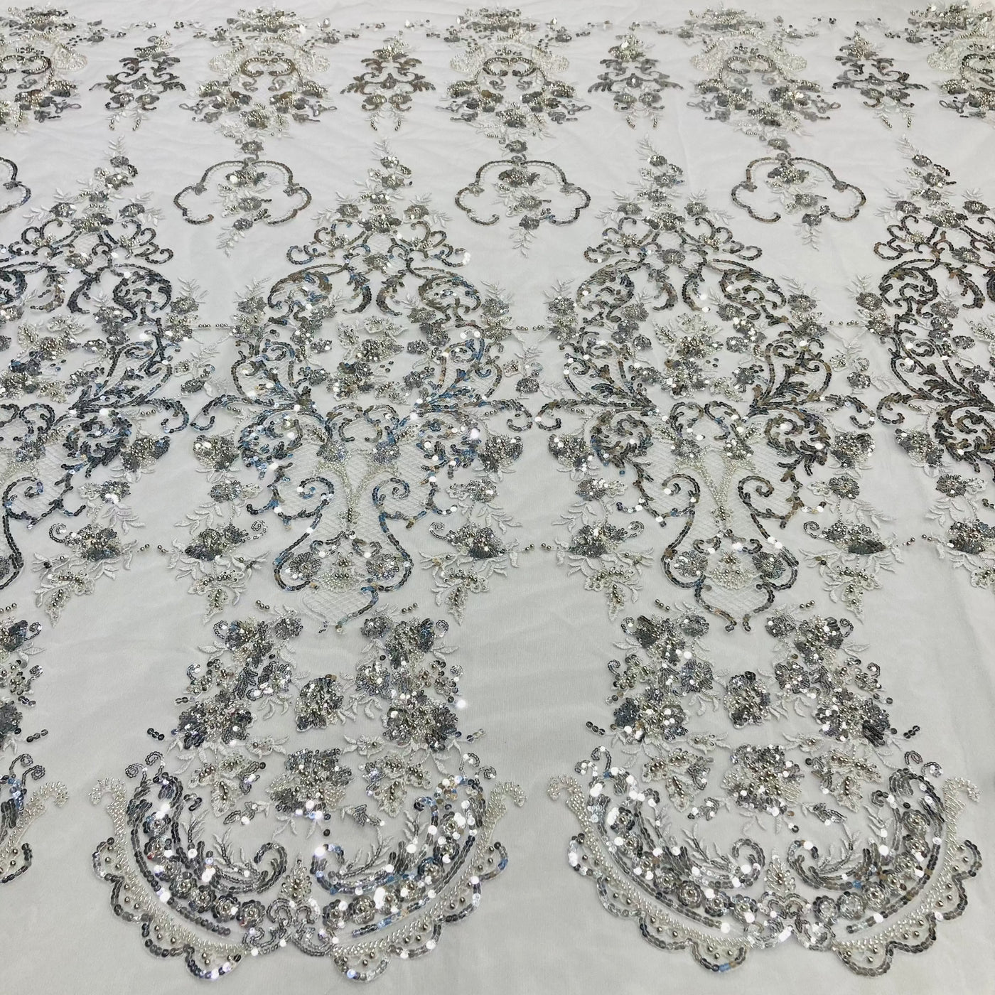 Beaded Lace Fabric Embroidered on 100% Polyester Net Mesh | Lace USA - GD-210907 Silver