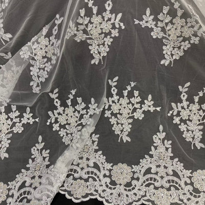 Beaded & Corded Bridal Lace Fabric Embroidered on 100% Polyester Net Mesh | Lace USA - 95247W-HB Silver