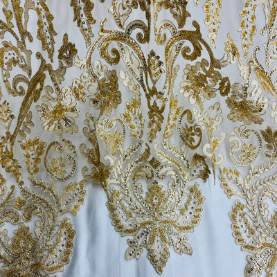 Beaded & Corded Bridal Lace Fabric Embroidered on 100% Polyester Net Mesh Metallic Gold | Lace USA