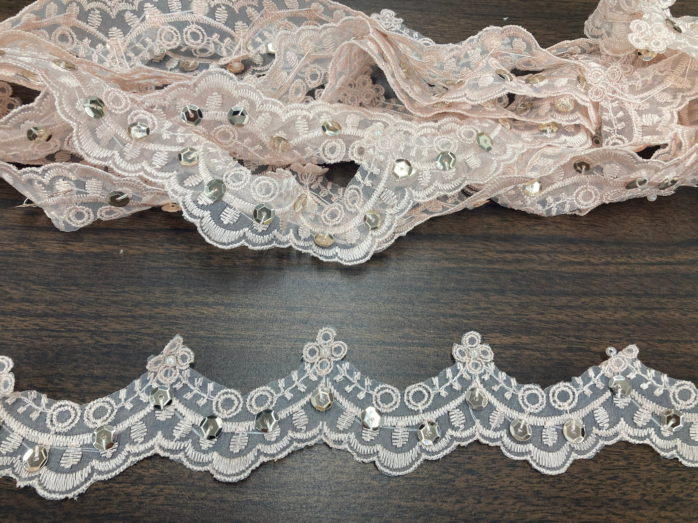 Beaded Blush Lace Trim Embroidered on 100% Polyester Organza . Large Arch Scalloped Trim. Formal Trim. Perfect for Edging and Gowns. Sold by the Yard. Lace Usa