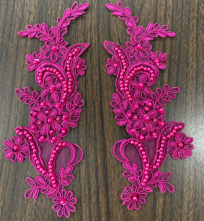 Beaded & Corded Floral Appliqué Lace Embroidered on 100% Polyester Organza or Net Mesh. This can be applied to Theatrical dance ballroom costumes, bridal dresses, bridal headbands endless possibilities.  Sold By Pair  Lace Usa