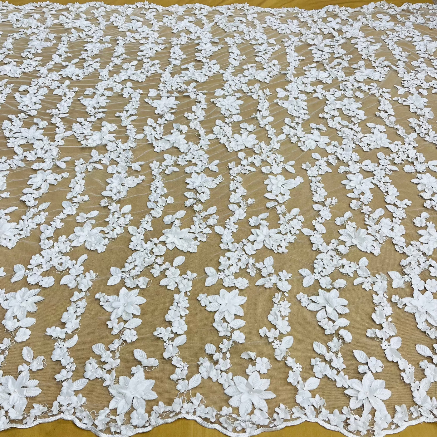 Beaded 3D Floral Lace Fabric Embroidered on 100% Polyester Net Mesh | Lace USA - GD-127 Off White