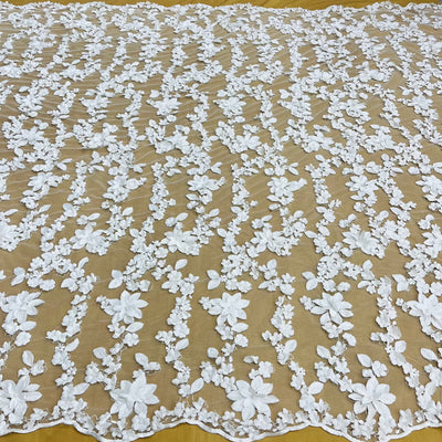 Beaded 3D Floral Lace Fabric Embroidered on 100% Polyester Net Mesh | Lace USA - GD-127 Off White