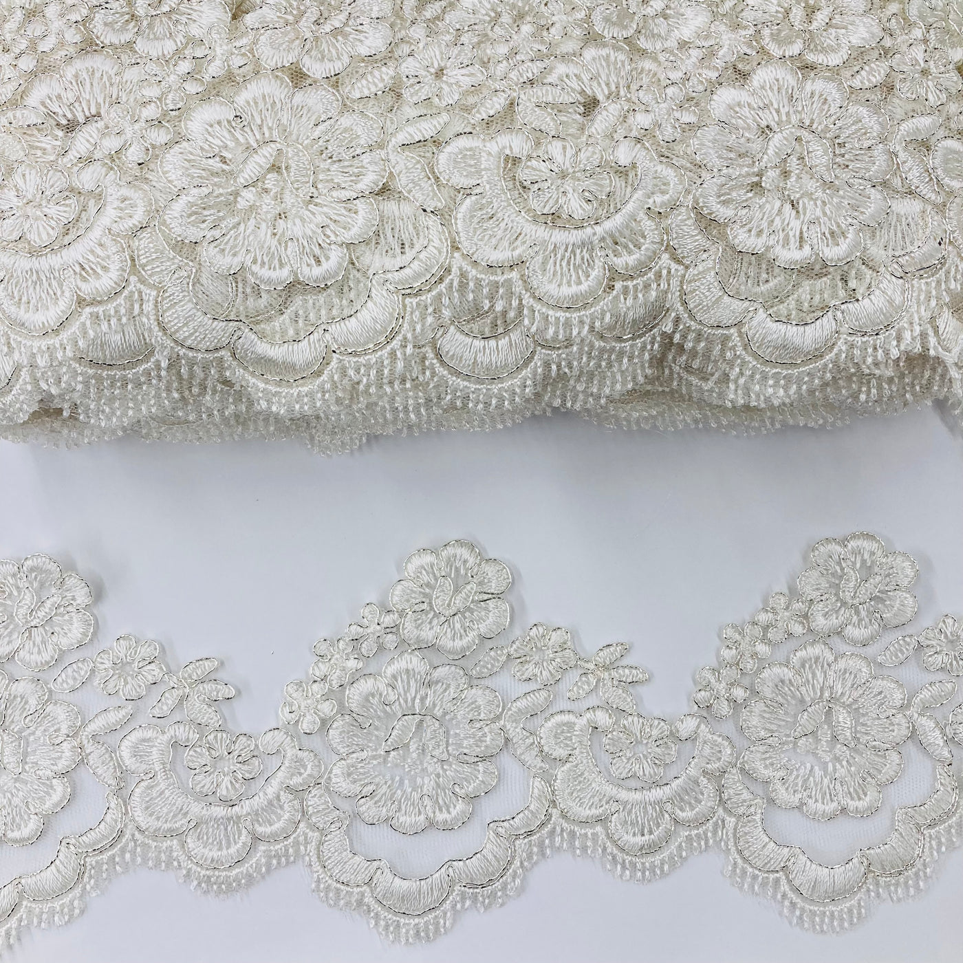 Corded Lace Trimming Embroidered on Poly. Net Mesh. Lace USA