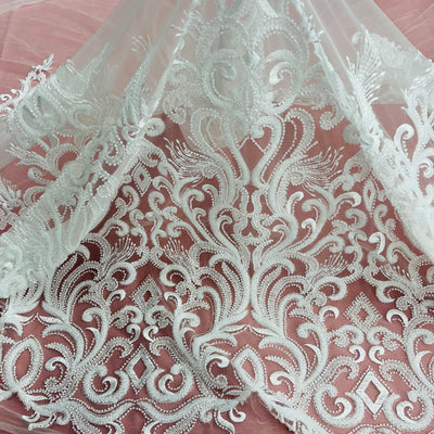 Beaded Lace Fabric Embroidered With Fuzzy Thread on 100% Polyester Net Mesh | Lace USA