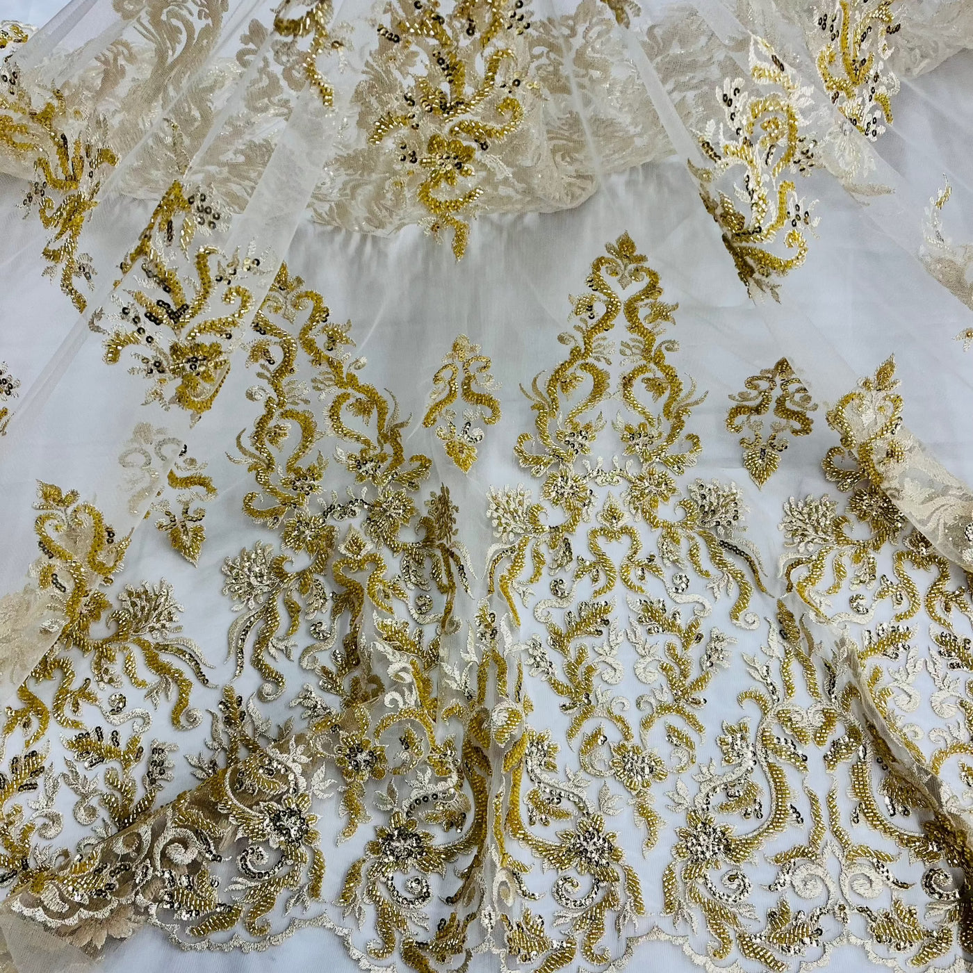 Beaded & Sequined Lace Fabric Embroidered on 100% Polyester Net Mesh | Lace USA - GD-13314 Gold