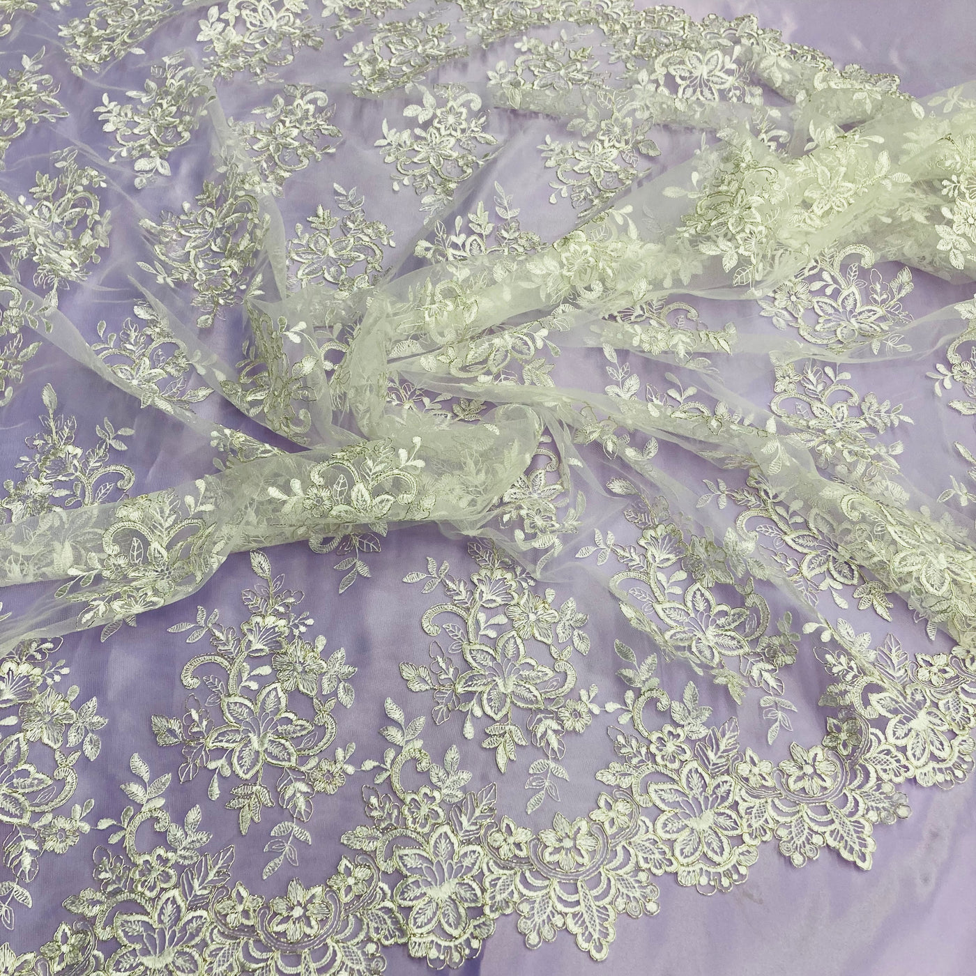 Corded Bridal Lace Fabric Embroidered on 100% Polyester Net Mesh. Lace USA