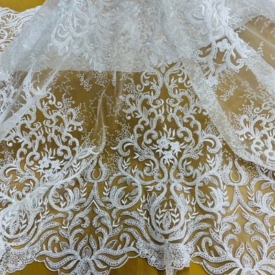 Beaded & Corded Bridal Lace Fabric Embroidered on 100% Polyester Net Mesh | Lace USA - GD-12266 White