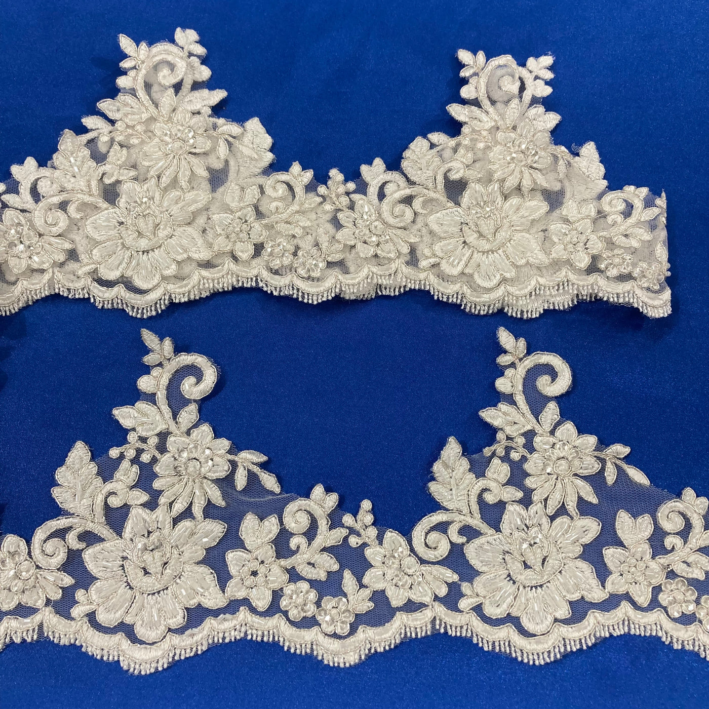 Corded & Beaded Floral Lace Trimming Embroidered on 100% Polyester Net Mesh. Lace Usa