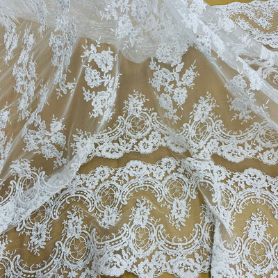 Beaded & Corded Bridal Lace Fabric Embroidered on 100% Polyester Net Mesh | Lace USA