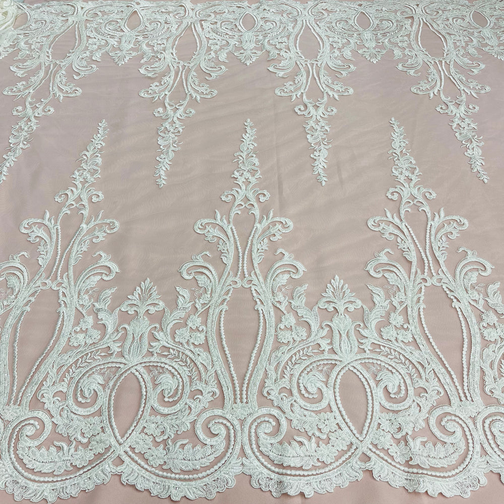 Beaded & Corded Bridal Lace Fabric Embroidered on 100% Polyester Net Mesh | Lace USA