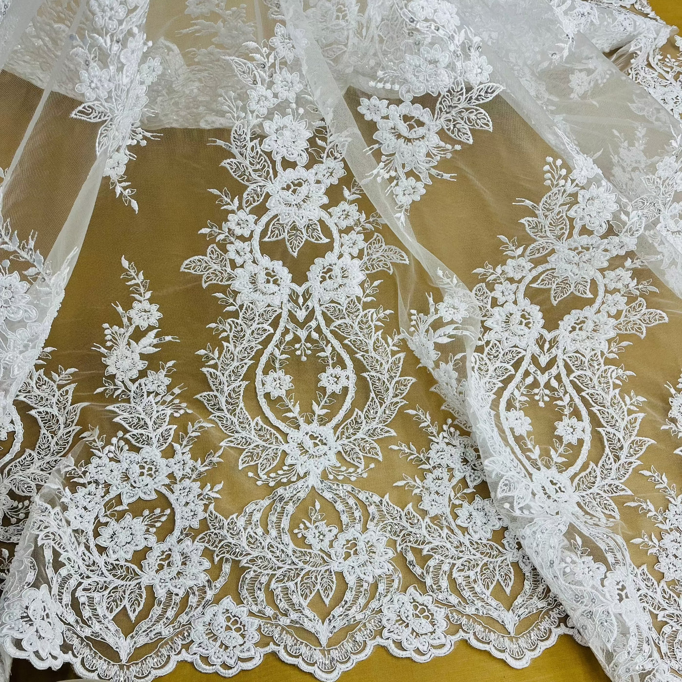 Beaded Corded Bridal Lace Fabric Embroidered on 100 Polyester