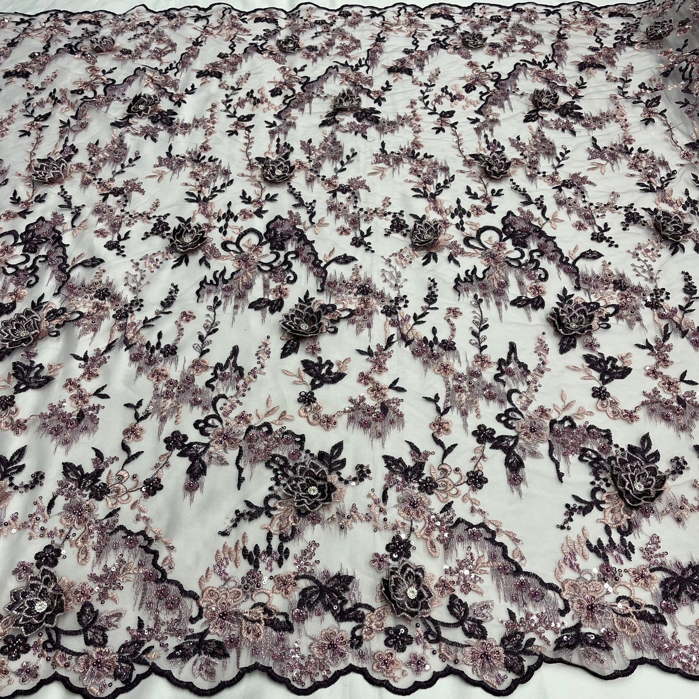 Beaded & Rhinestone 3D Floral Lace Fabric Embroidered on 100% Polyester Net Mesh | Lace USA