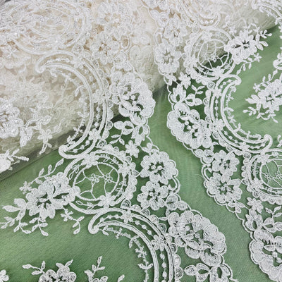 Beaded & Corded Bridal Lace Fabric Embroidered on 100% Polyester Net Mesh | Lace USA