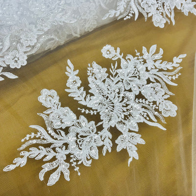 Beaded & Corded Bridal Lace Fabric Embroidered on 100% Polyester Net Mesh | Lace USA