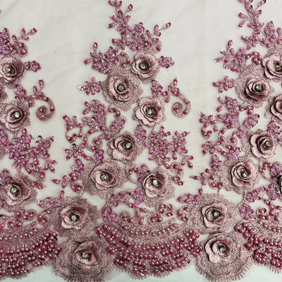 Beaded & Rhinestone 3D Floral Lace Fabric Embroidered on 100% Polyester Net Mesh | Lace USA