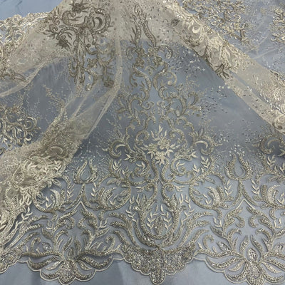 Beaded & Corded Bridal Lace Fabric Embroidered on 100% Polyester Net Mesh | Lace USA - GD-12266 Silver