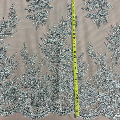 Beaded & Corded Bridal Lace Fabric Embroidered on 100% Polyester Net Mesh | Lace USA