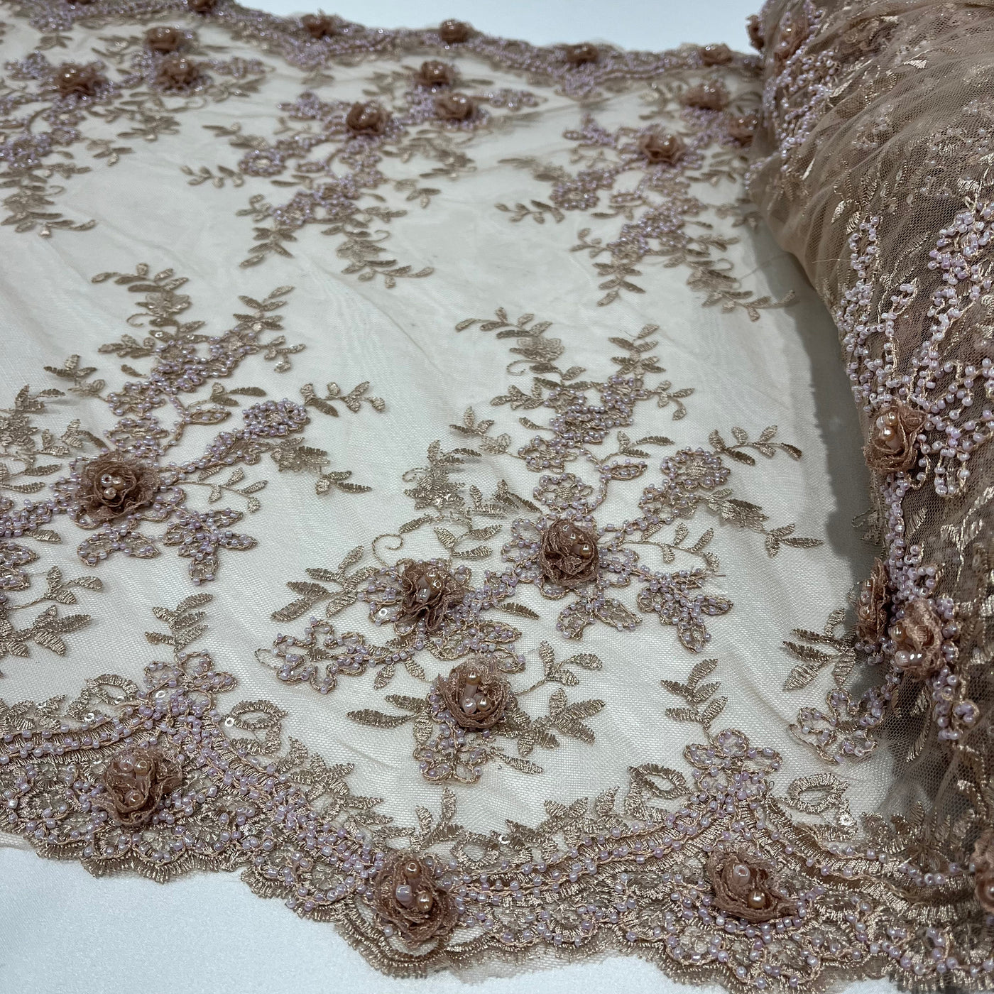Beaded Double Sided 3D Floral Lace Trimming Embroidered on 100% Polyester Net Mesh | Lace USA