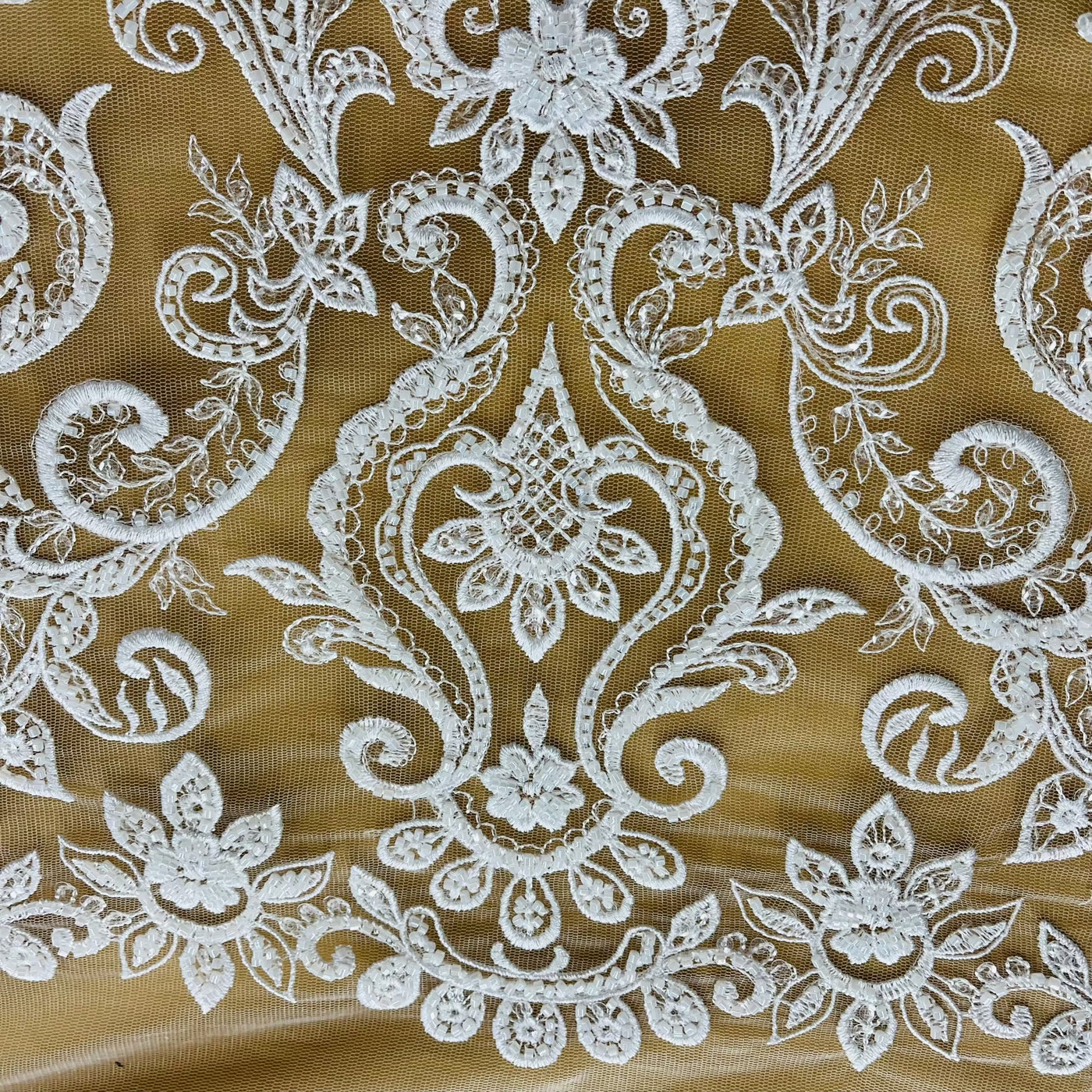 Beaded & Sequined Lace Fabric Embroidered on 100% Polyester Net Mesh | Lace USA - GD-12156 White