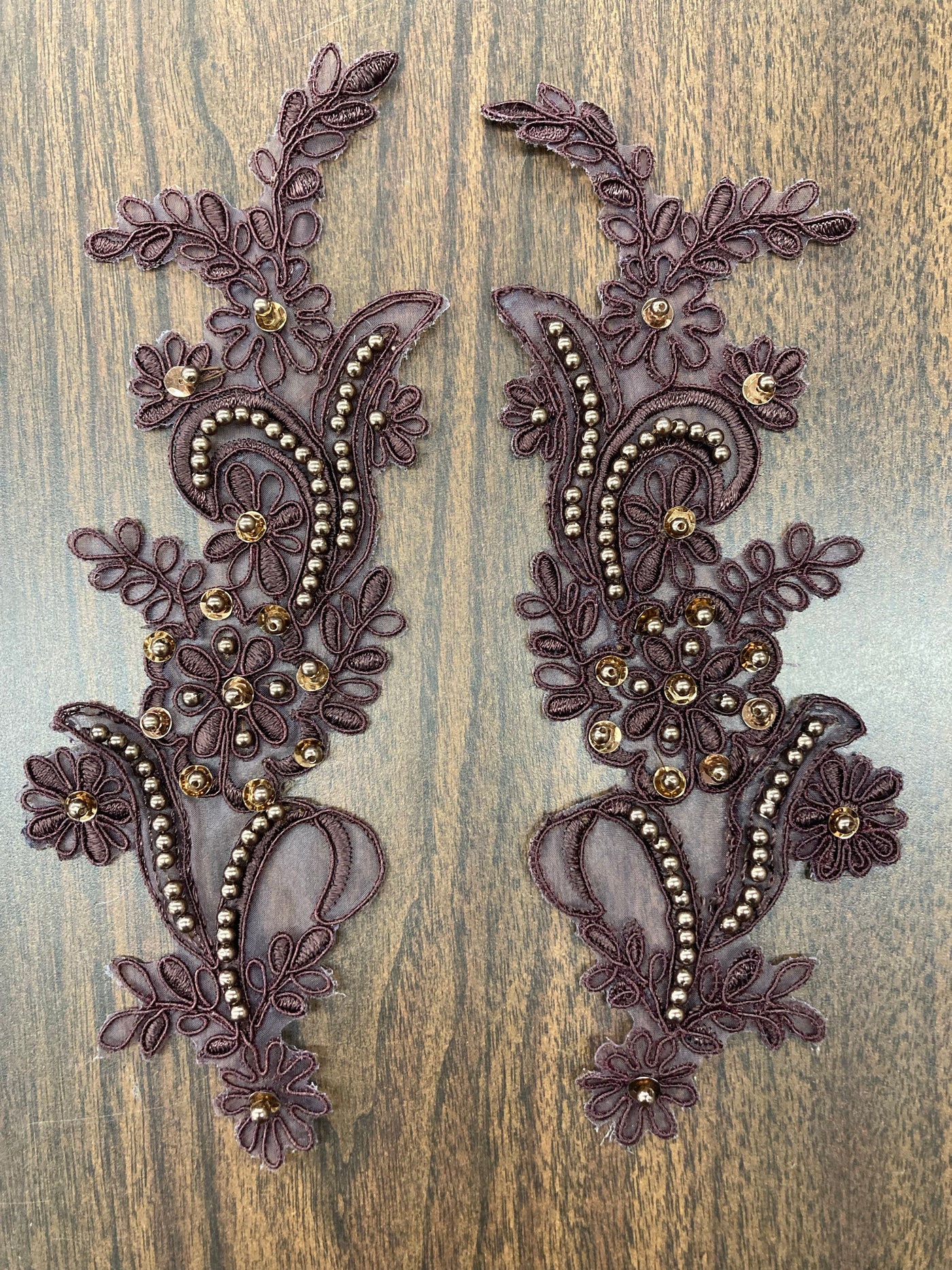 Beaded & Corded Floral Appliqué Lace Embroidered on 100% Polyester Organza or Net Mesh. This can be applied to Theatrical dance ballroom costumes, bridal dresses, bridal headbands endless possibilities.  Sold By Pair  Lace Usa