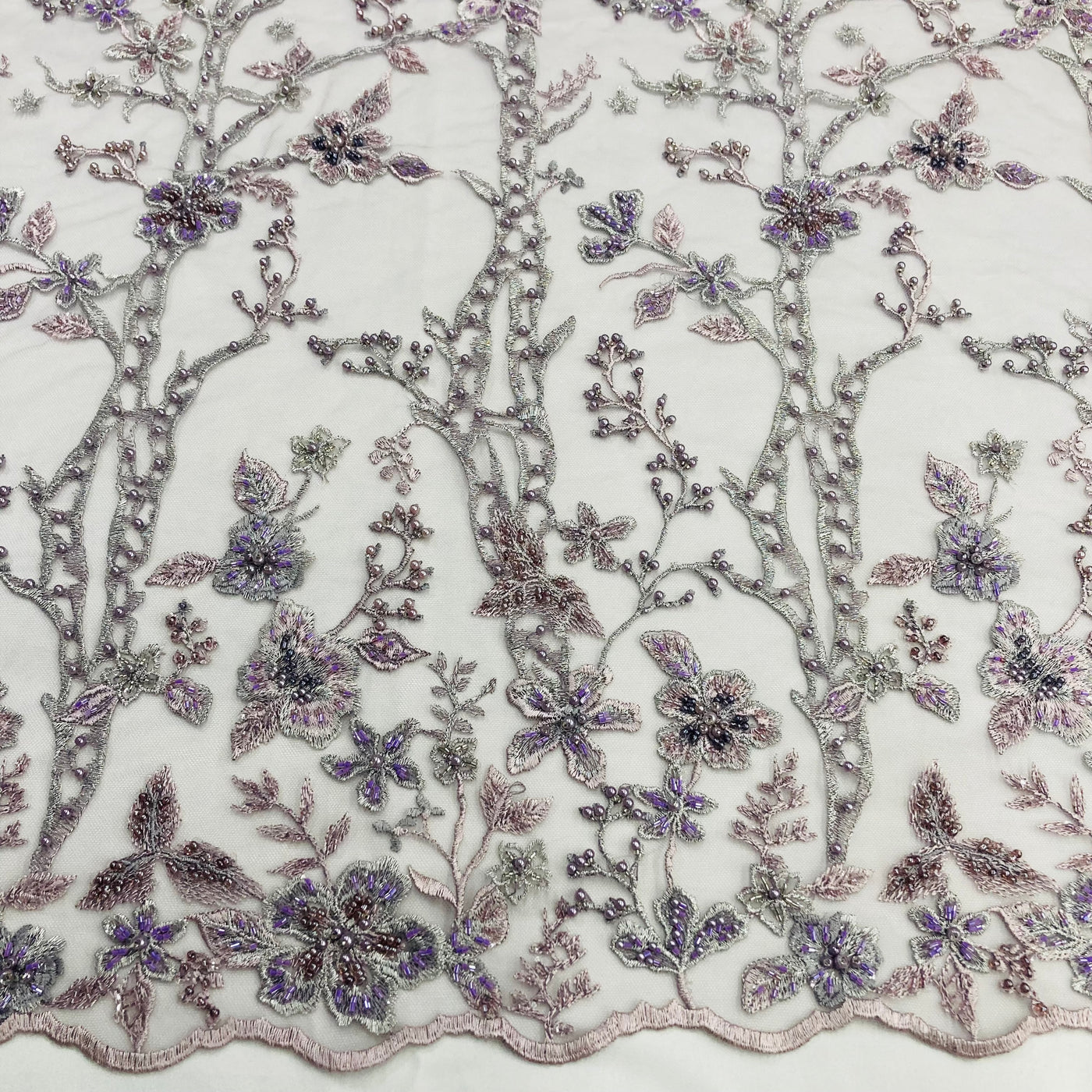 Embroidered & Beaded Net Mesh Fabric with Beads. Lace USA