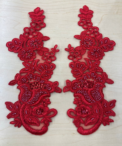 Beaded & Corded Red Floral Appliqué Lace Embroidered on 100% Polyester Mesh Net. This can be applied to lyrical dance ballroom costumes, bridal dresses, bridal headbands endless possibilities.  Sold By Pair  Lace Usa