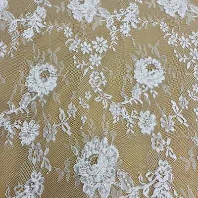 3 Yards Precut Beaded & Corded Chantilly Floral Lace Fabric Embroidered on 100% Polyester Net Mesh | Lace USA - 97143W-BP White