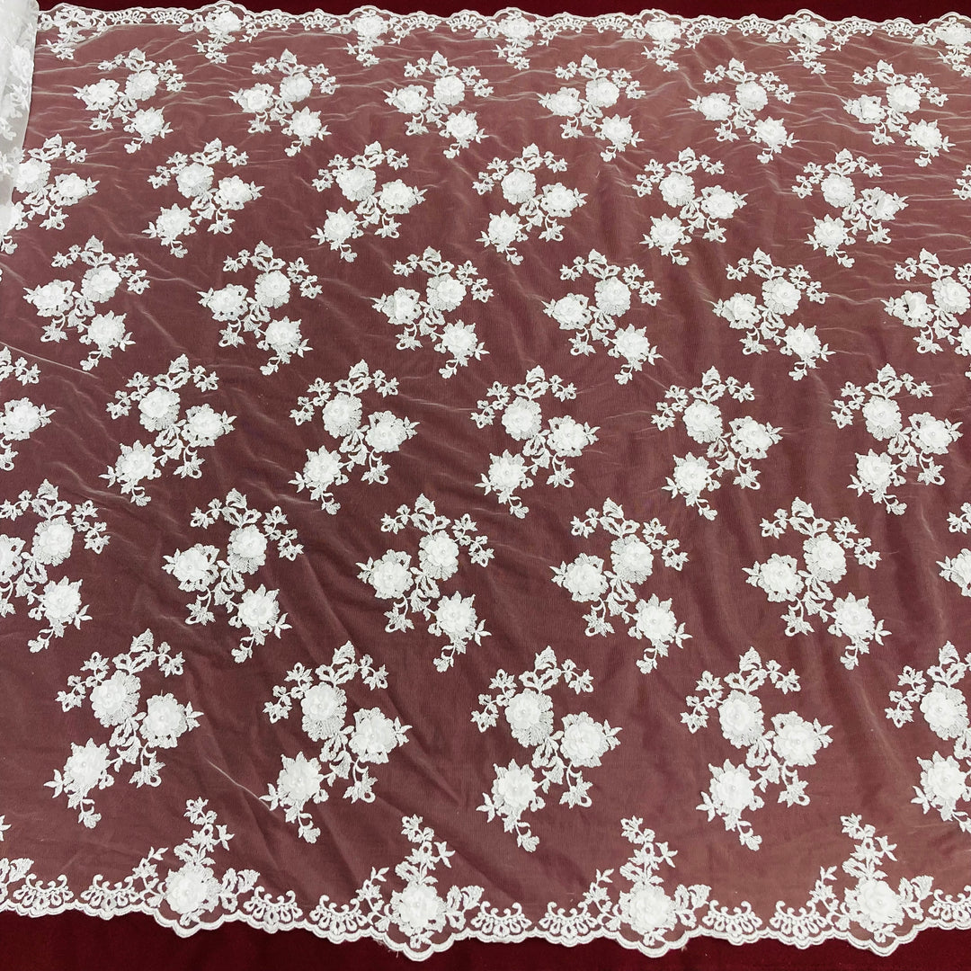 Tela de encaje floral 3D con cuentas bordada en malla de red 100 % poliéster | Encaje EE. UU.