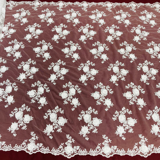 Tela de encaje floral 3D con cuentas bordada en malla de red 100 % poliéster | Encaje EE. UU.