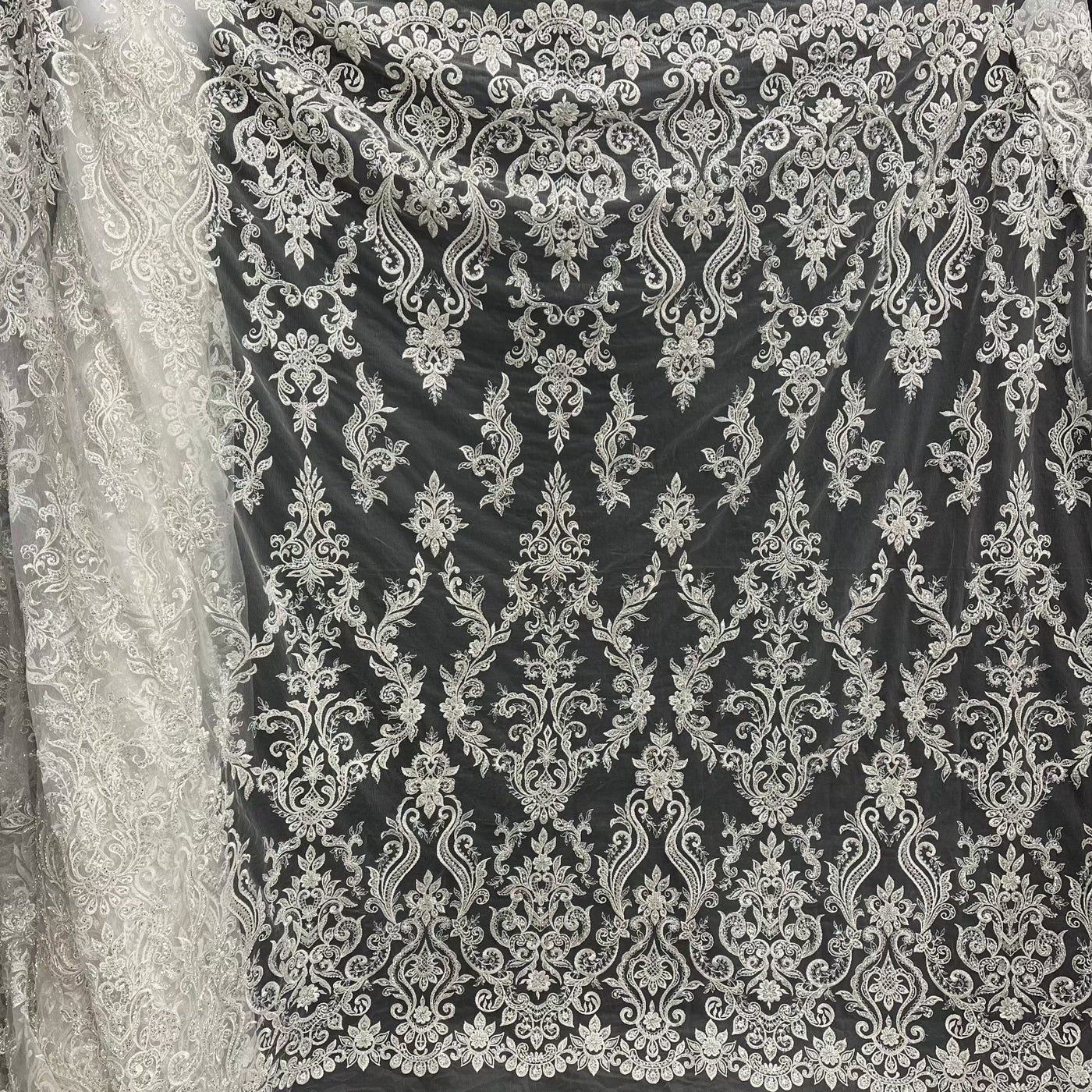 Beaded & Sequined Lace Fabric Embroidered on 100% Polyester Net Mesh | Lace USA - GD-12156 Ivory with Silver