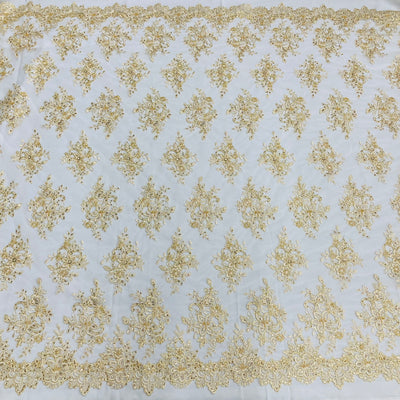 Corded & Beaded Bridal Lace Fabric Embroidered on Net Mesh. Lace USA