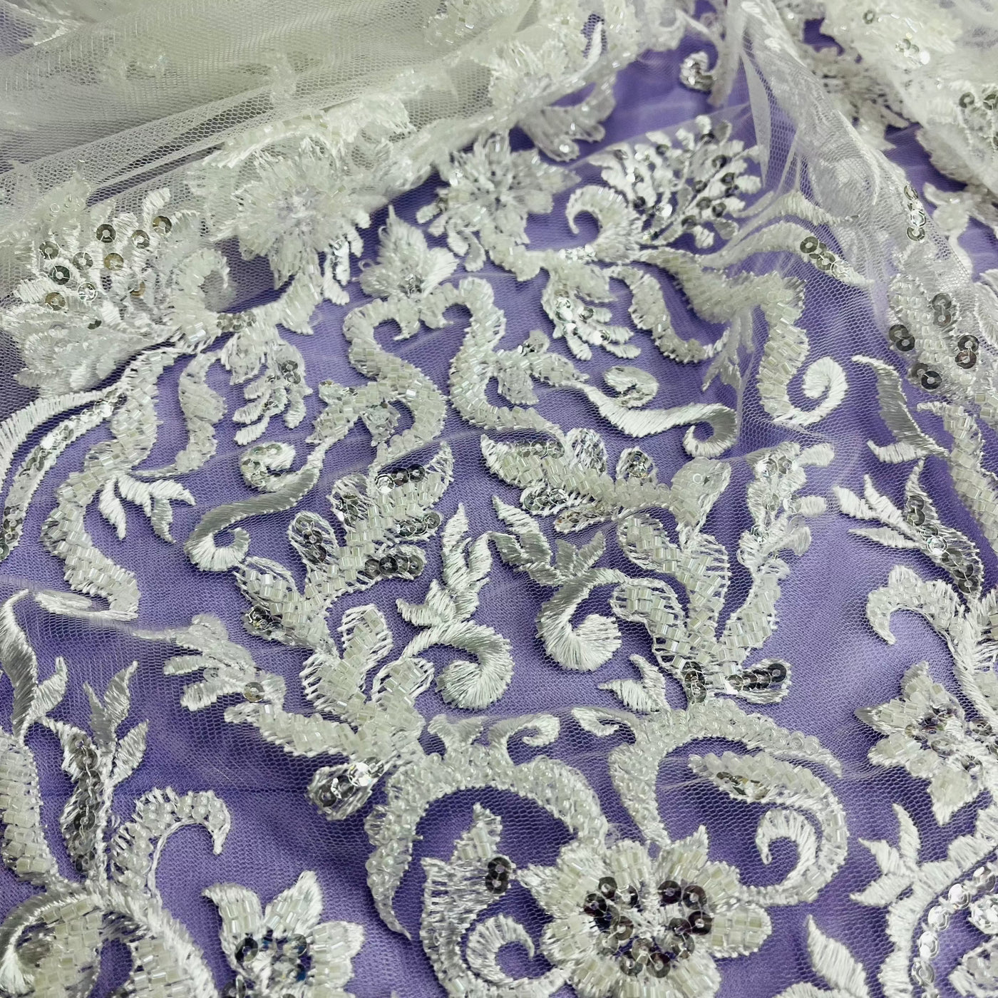Beaded & Sequined Lace Fabric Embroidered on 100% Polyester Net Mesh | Lace USA - GD-13314 Ivory