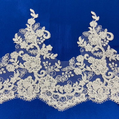 Corded, Beaded Floral Ivory Lace Trimming Embroidered on Net Mesh. Lace Usa