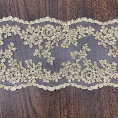 Corded & Embroidered Double Sided Antique Gold Trimming on Mesh Net Lace. Lace Usa