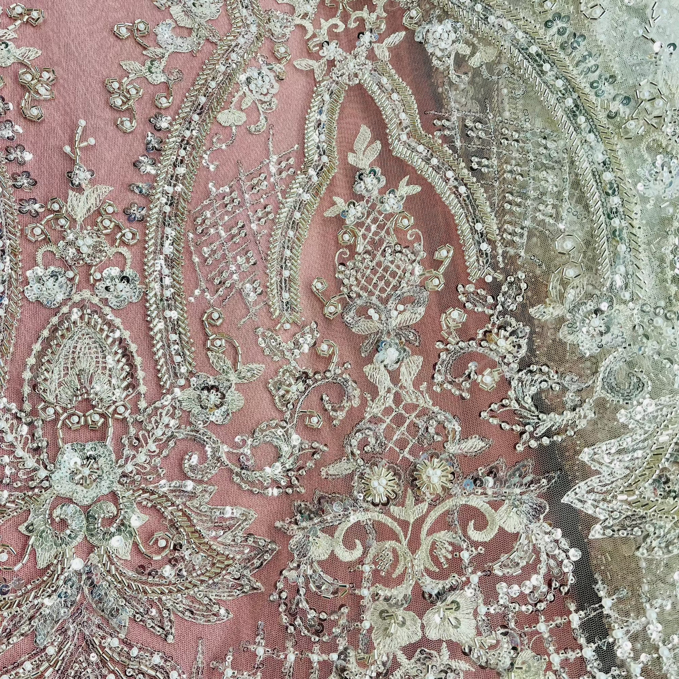Beaded Lace Fabric Embroidered on 100% Polyester Net Mesh | Lace USA - GD-227239 Antique Silver
