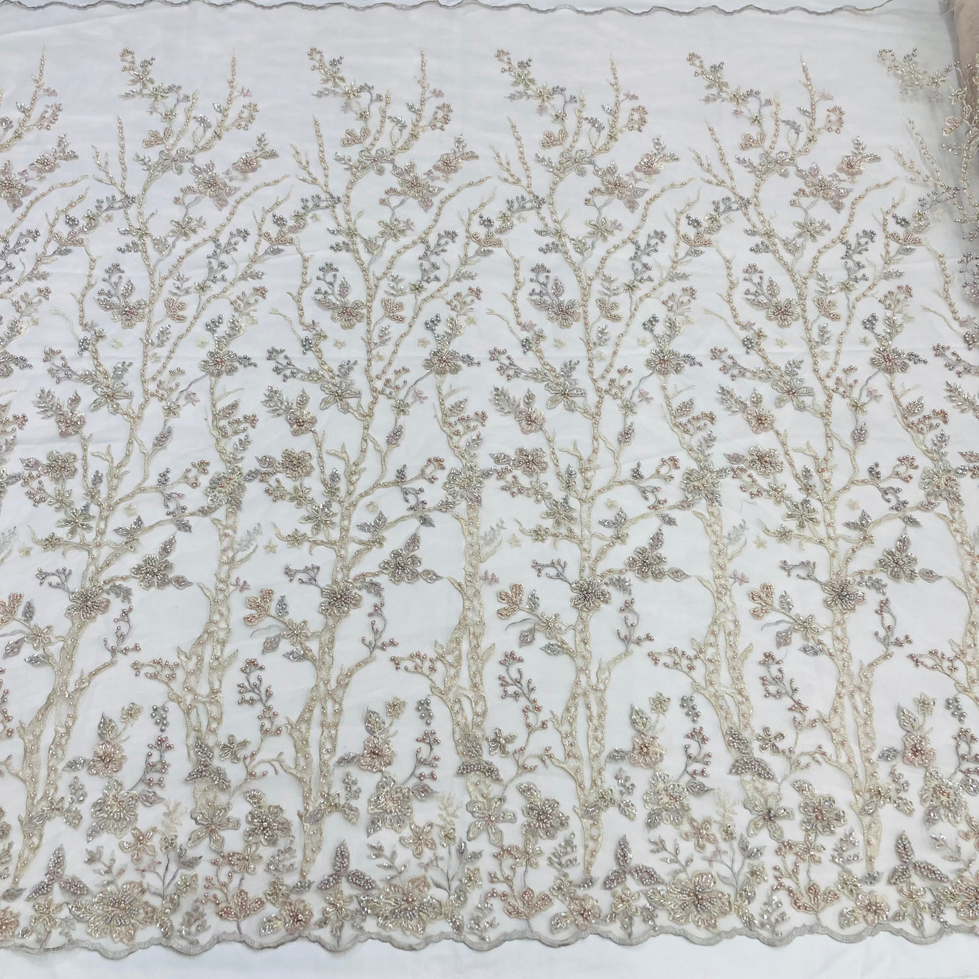 Embroidered & Beaded Net Mesh Fabric with Beads. Lace USA
