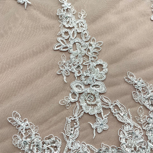 Beaded & Corded Bridal Lace Fabric Embroidered on 100% Polyester Net Mesh | Lace USA