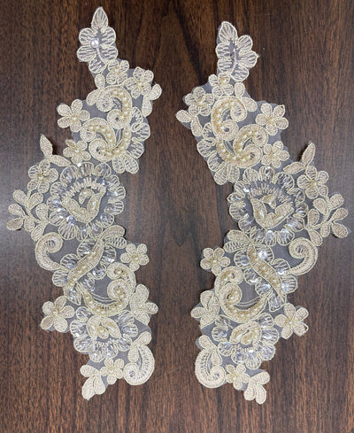Beaded & Corded Floral Appliqué Lace Embroidered on 100% Polyester Organza or Net Mesh. This can be applied to Theatrical dance ballroom costumes, bridal dresses, bridal headbands endless possibilities.  Sold By Pair.  Lace Usa  Sold in a set of 2.