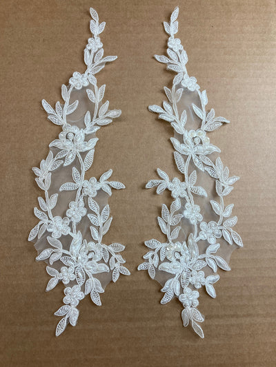 Beaded & Corded Ivory Floral Applique Lace Embroidered on 100% Polyester Organza. Sold By Pair.  Lace Usa