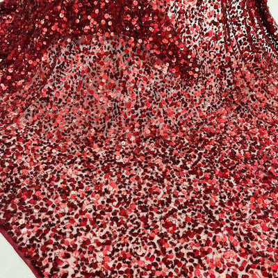 Beaded Burgundy Net fabric With Assorted Sequins & Beads 48" wide. Lace USA