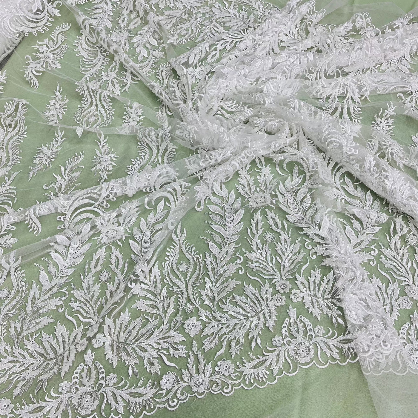 Beaded & Sequined Lace Fabric Embroidered on 100% Polyester Net Mesh | Lace USA - GD-13322 Ivory