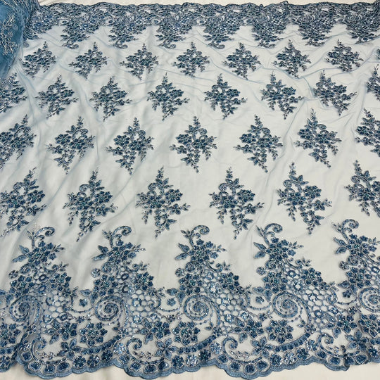Beaded & Corded Bridal Lace Fabric Embroidered on 100% Polyester Net Mesh | Lace USA