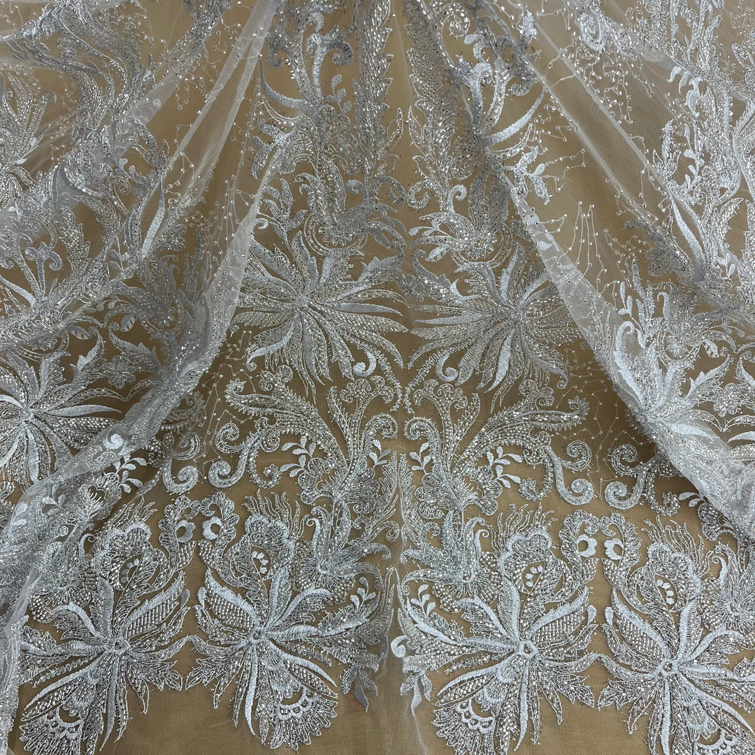 Netted Lace Beaded Lace Fabric Embroidered With Fuzzy Thread on 100% Polyester Net ...