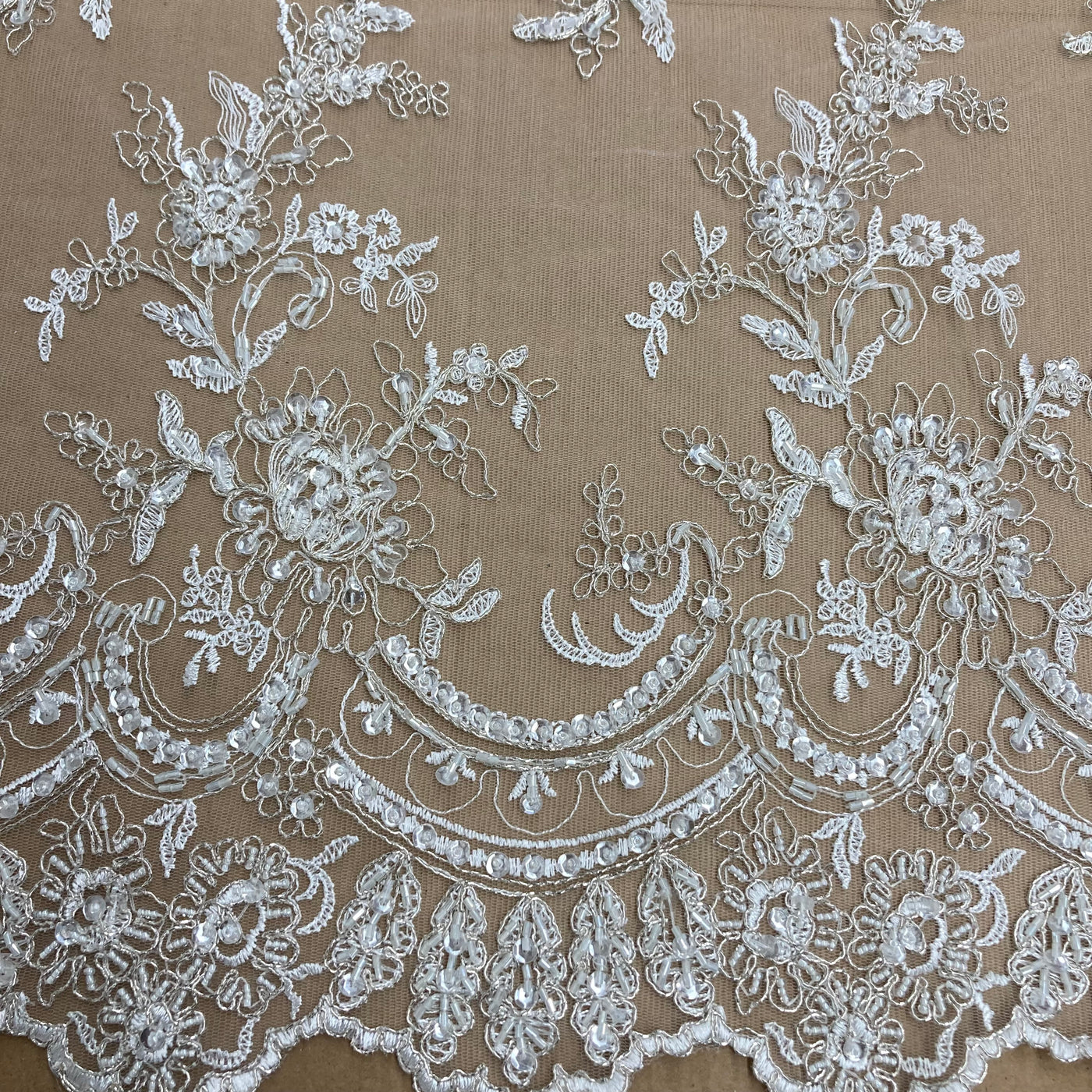 Ivory with Silver Corded & Beaded Bridal Lace Fabric Embroidered on 100% Polyester Net Mesh