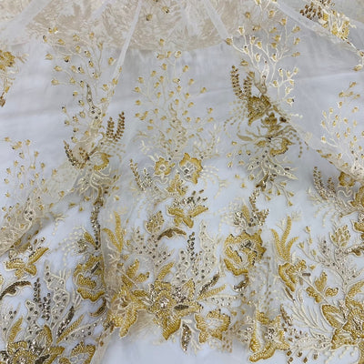 Gold Beaded Lace Fabric Embroidered on 100% Polyester Net Mesh | Lace USA