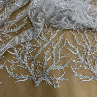 Beaded Lace Fabric Embroidered With Fuzzy Thread on 100% Polyester Net Mesh | Lace USA - GD-12263 Silver