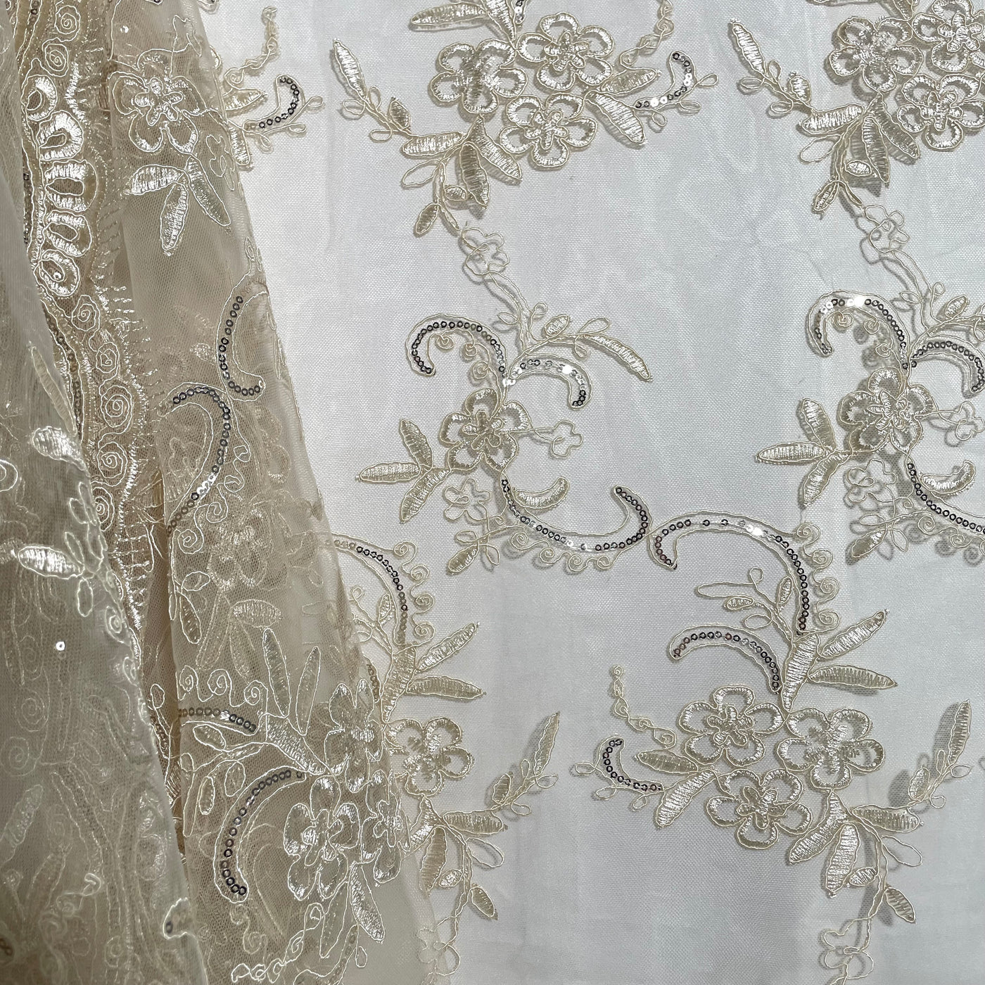 Beaded & Corded Lace Fabric Embroidered on 100% Polyester Net Mesh | Lace USA